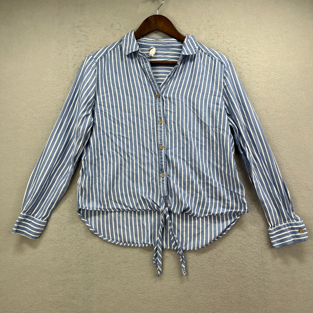 BeachLunchLounge Blouse Womens S Blue White Stripe Tie Front Coastal Beach Top